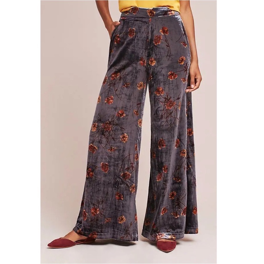 Anthropologie ett:twa Jessie Velvet Floral Wide Leg Pants Gray Sz Large Boho - Picture 1 of 13